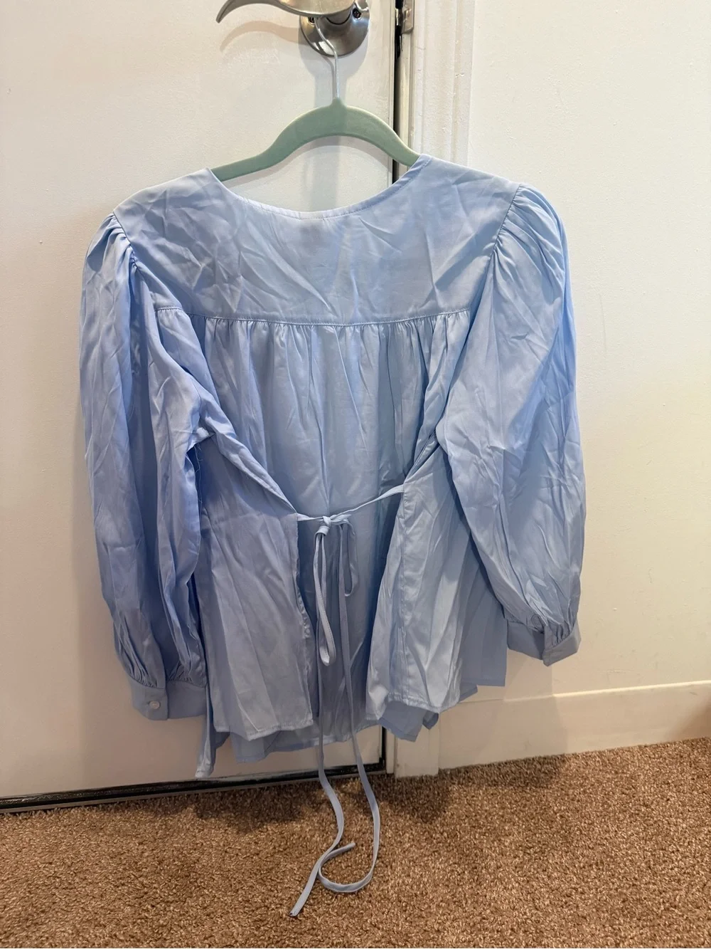 Light Blue Satin-Look Tie Front Blouse